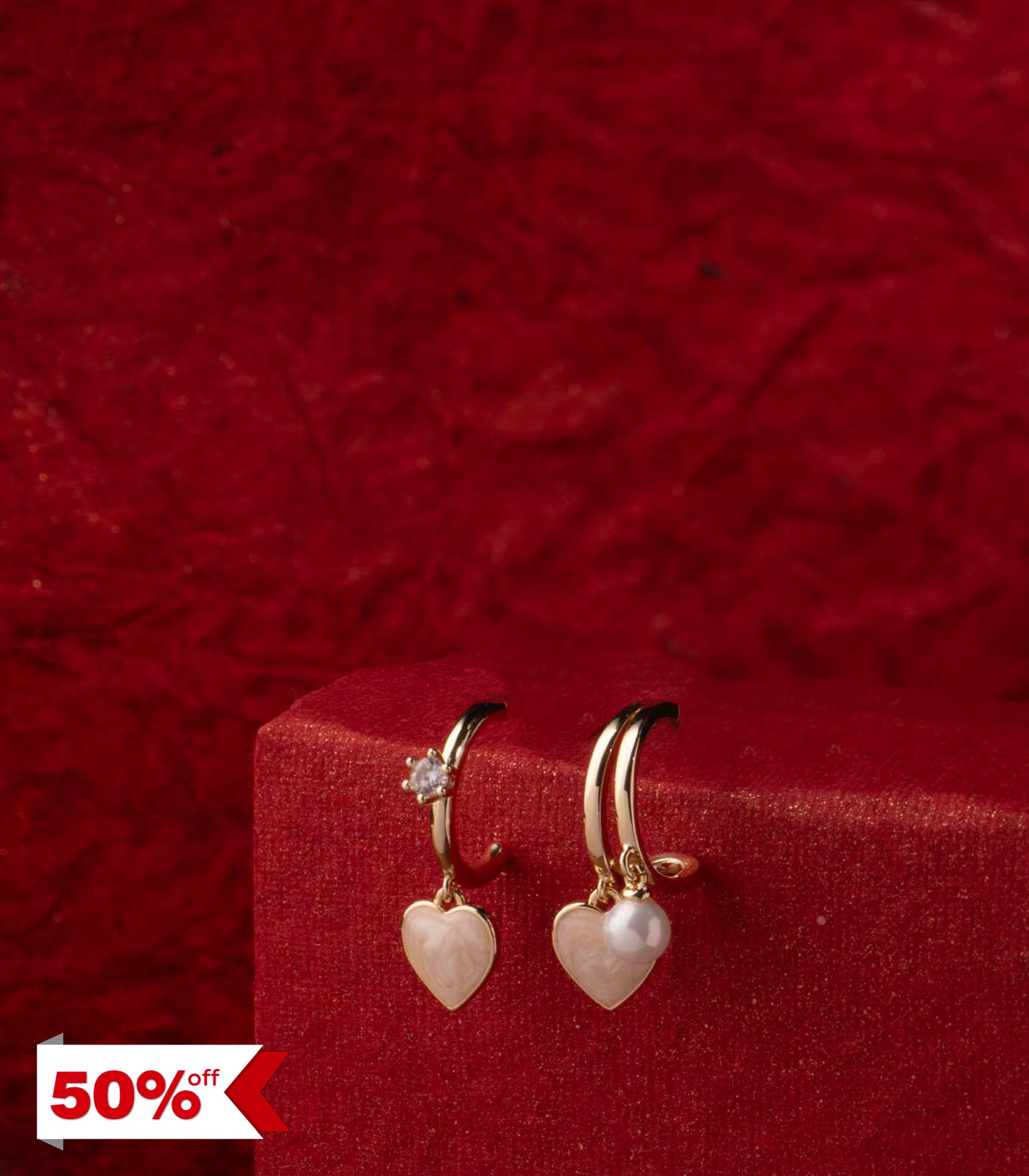 Distinctive Golden Color Hearts And Pearls Earrings (Brass)