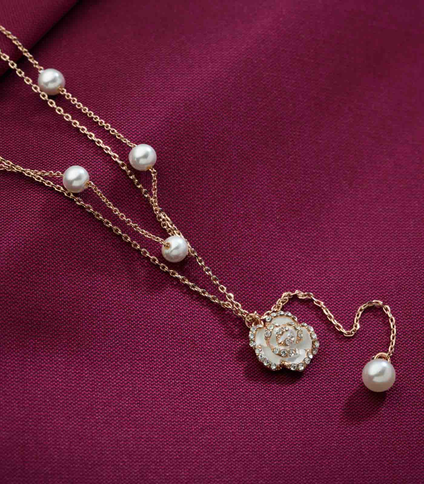 Dangling White Rose and Pearl Necklace (Brass)