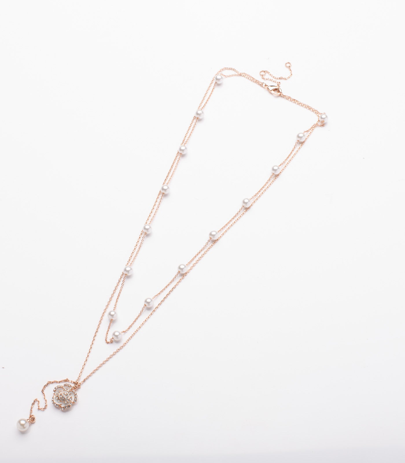 Dangling White Rose and Pearl Necklace (Brass)