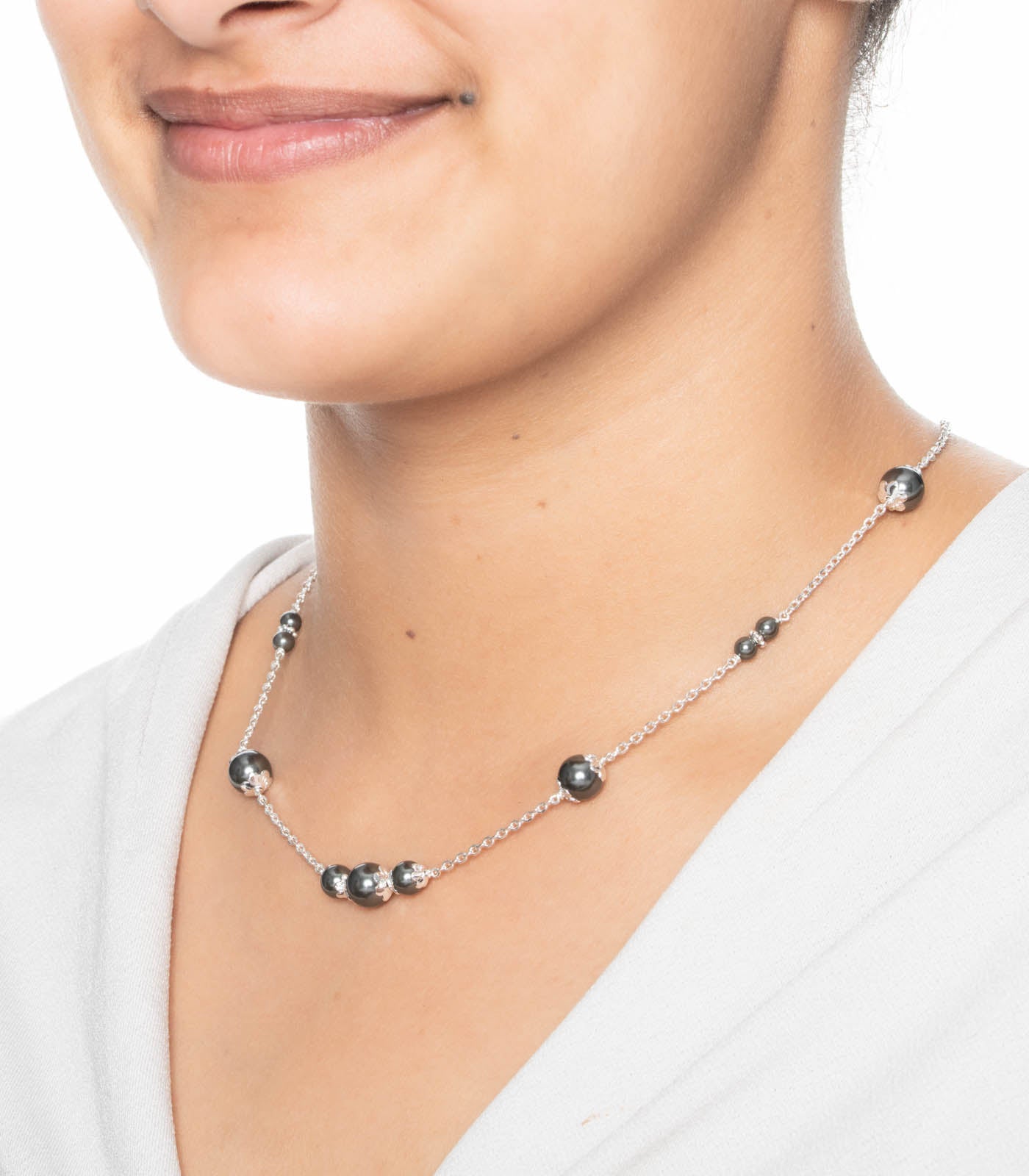 Dual Black Beads Necklace (Silver)