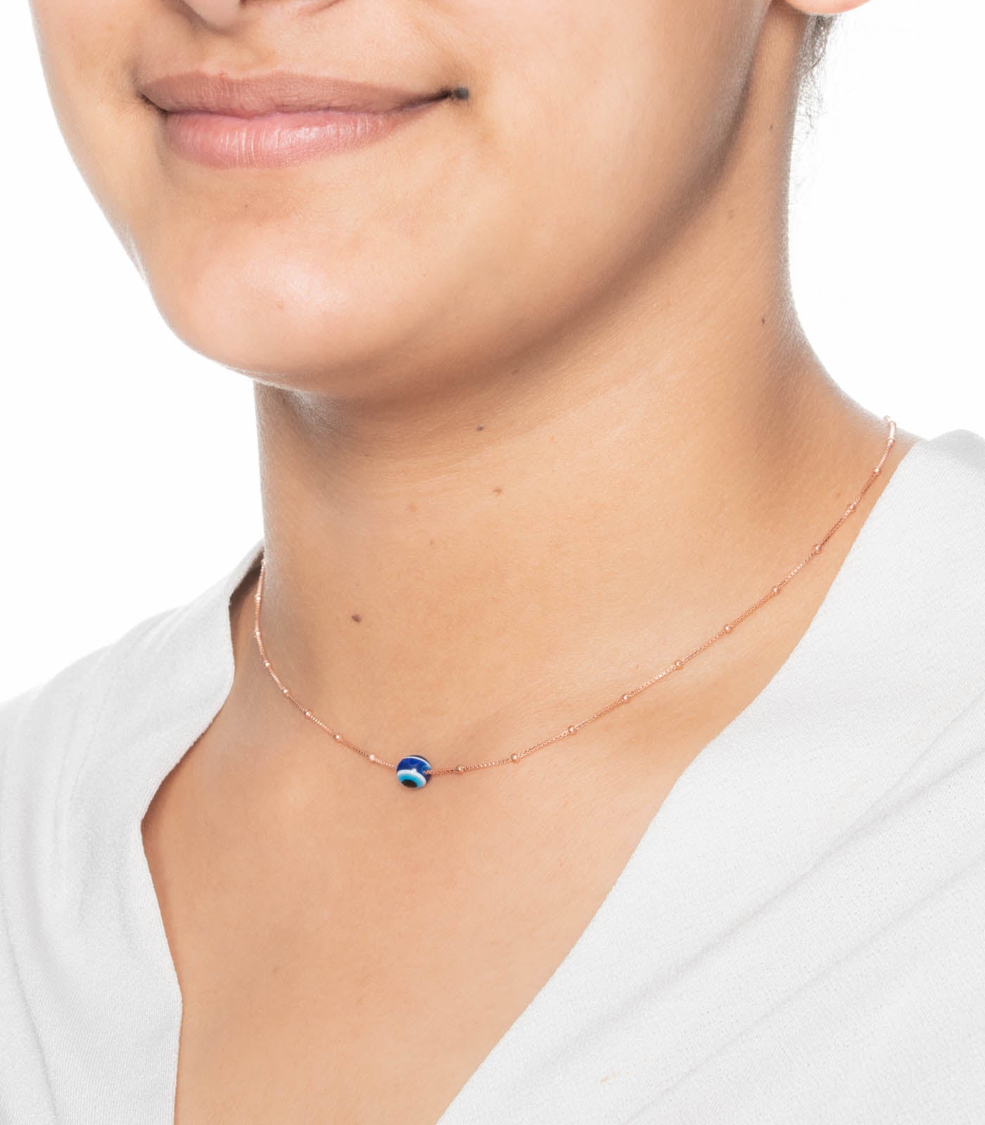 Rose Gold Blue Bead Necklace (Silver)