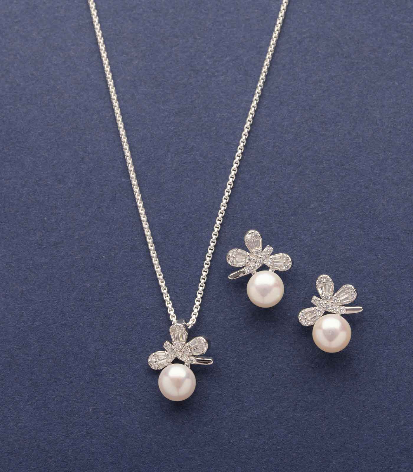 Daisy Pearl Necklace Set (Silver)