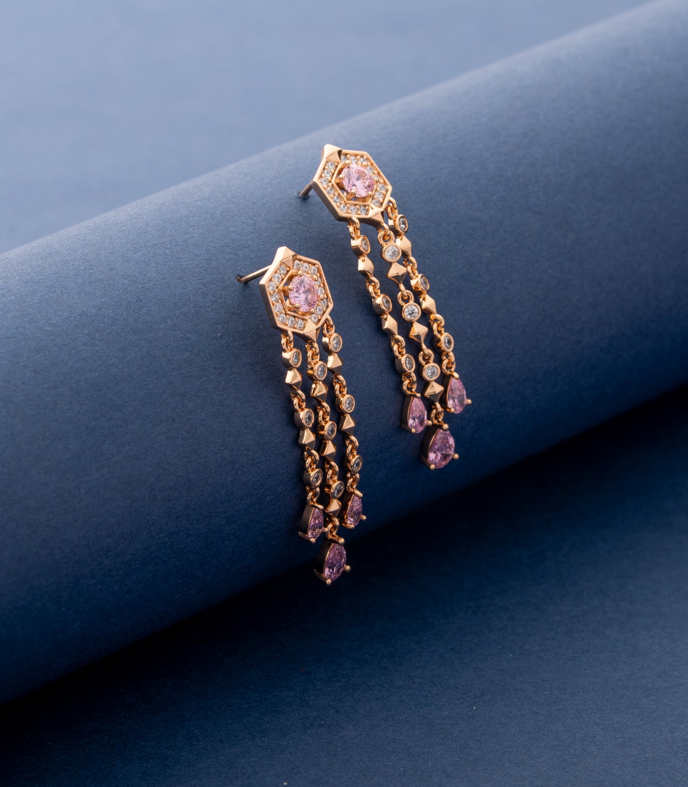 Festive Long Chain Earrings Pinkstone (Brass)