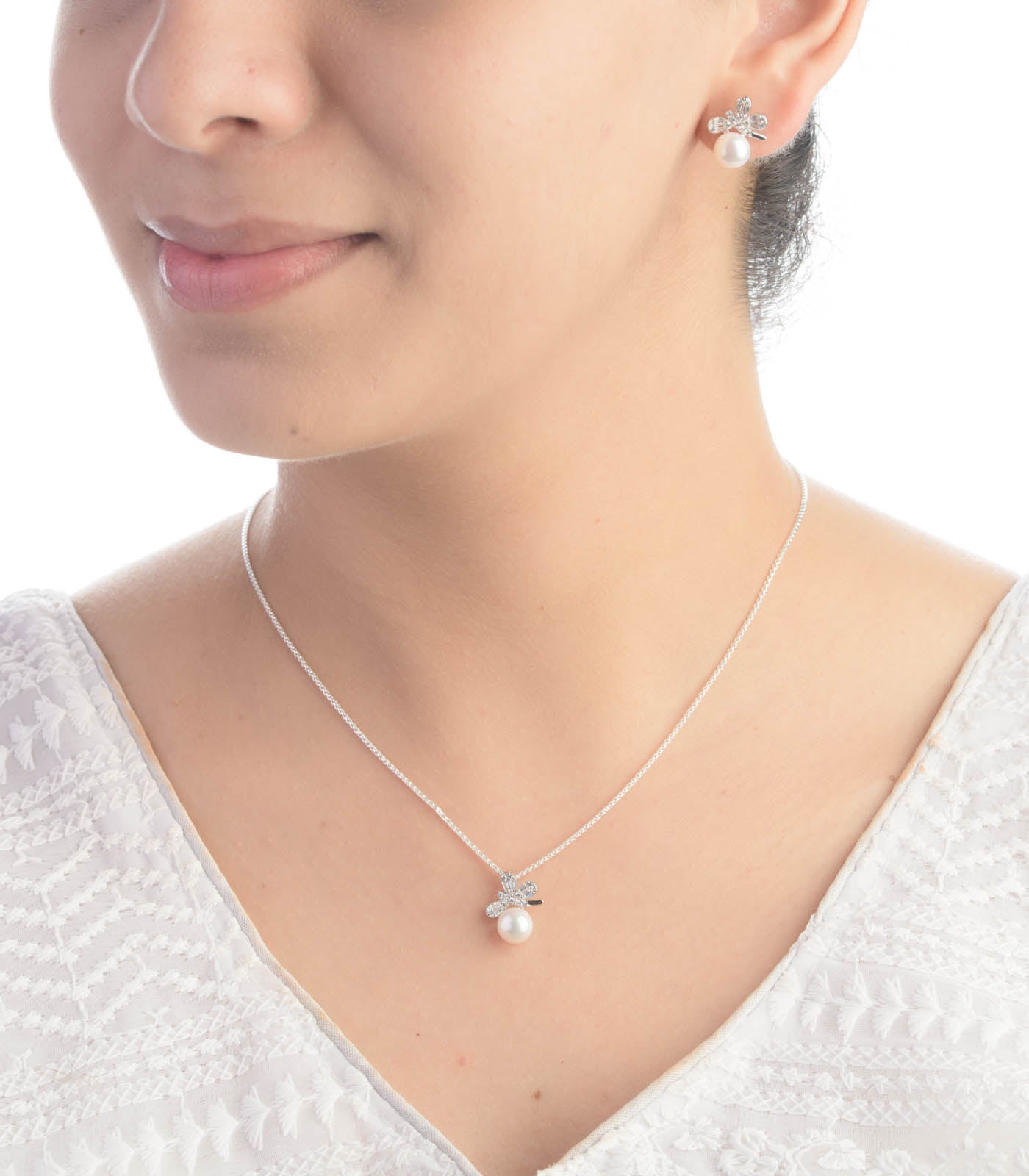 Daisy Pearl Necklace Set (Silver)